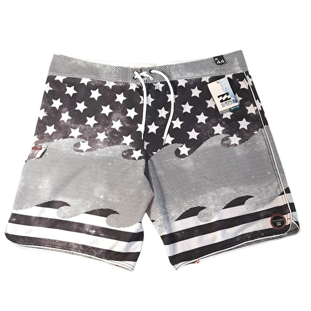 Billabong Platinum X Men's 44 PX3‎ Shorts Gray Drawstrings Stars USA Flag